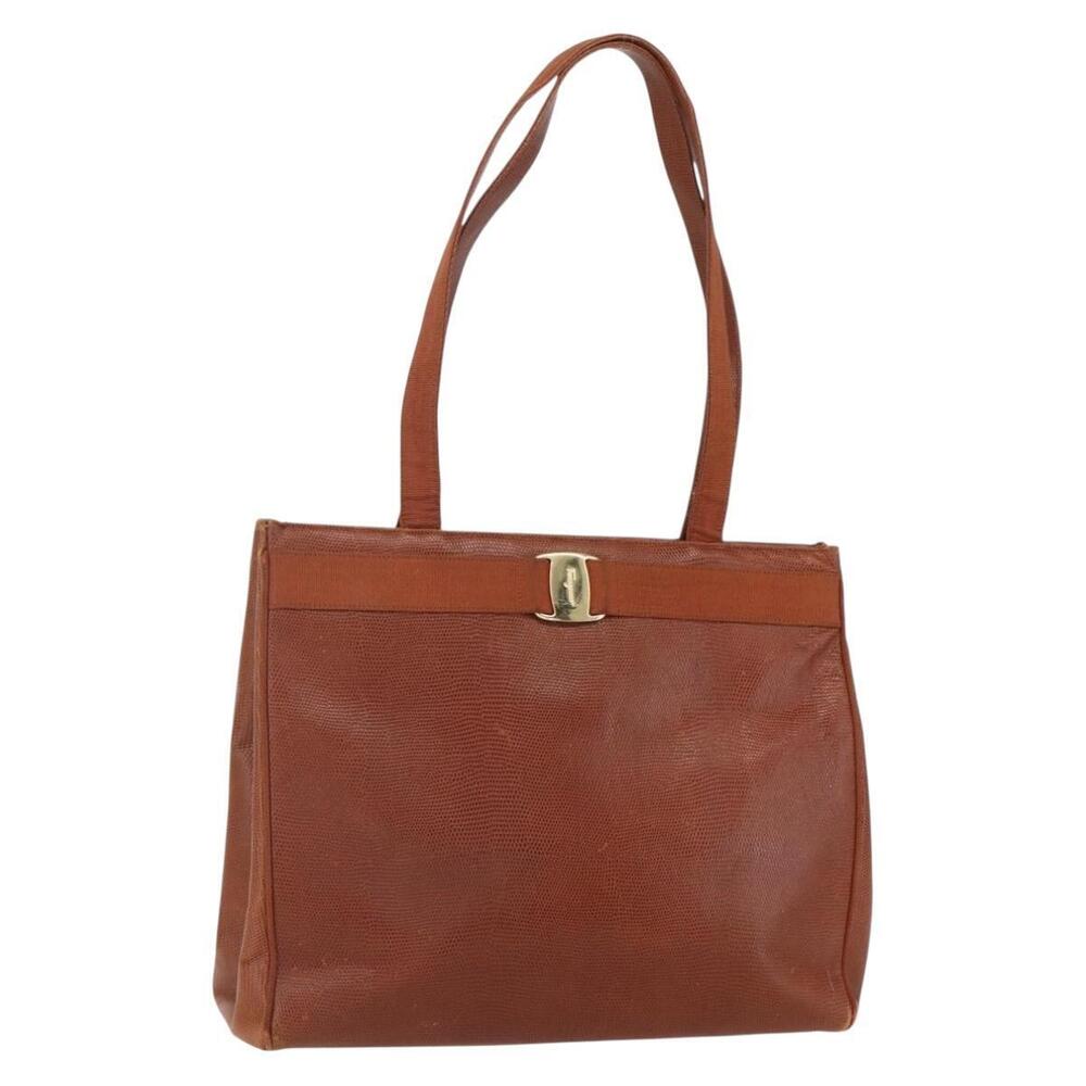 Salvatore Ferragamo Embossing Vala Tote Bag Leather Brown Gold Auth gh1259